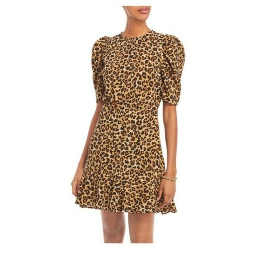 AQUA AT20WDR10104 Women's Printed Puff Sleeve Dress Exclusive In Tan Black SZ
